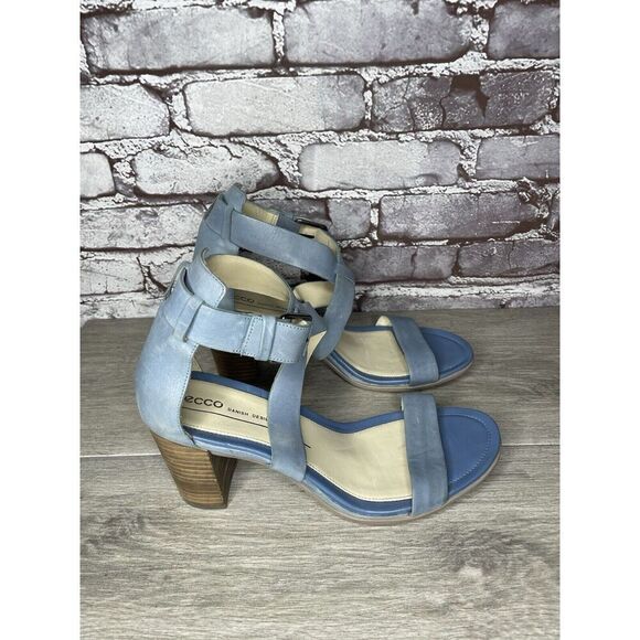 ECCO DANISH DESIGN Blue Leather Ankle Strappy Stacked Heel Sandals Women Sz 40EU - Picture 15 of 16